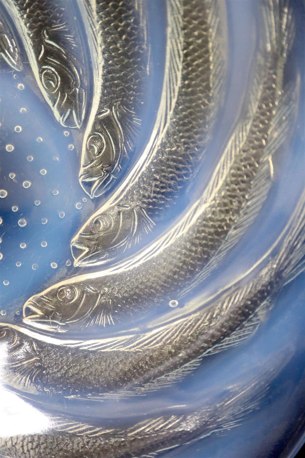 René Lalique. A pre-war opalescent glass Poissons No.2 pattern coupe plate, no.3264, designed in 1931, 24cm diameter